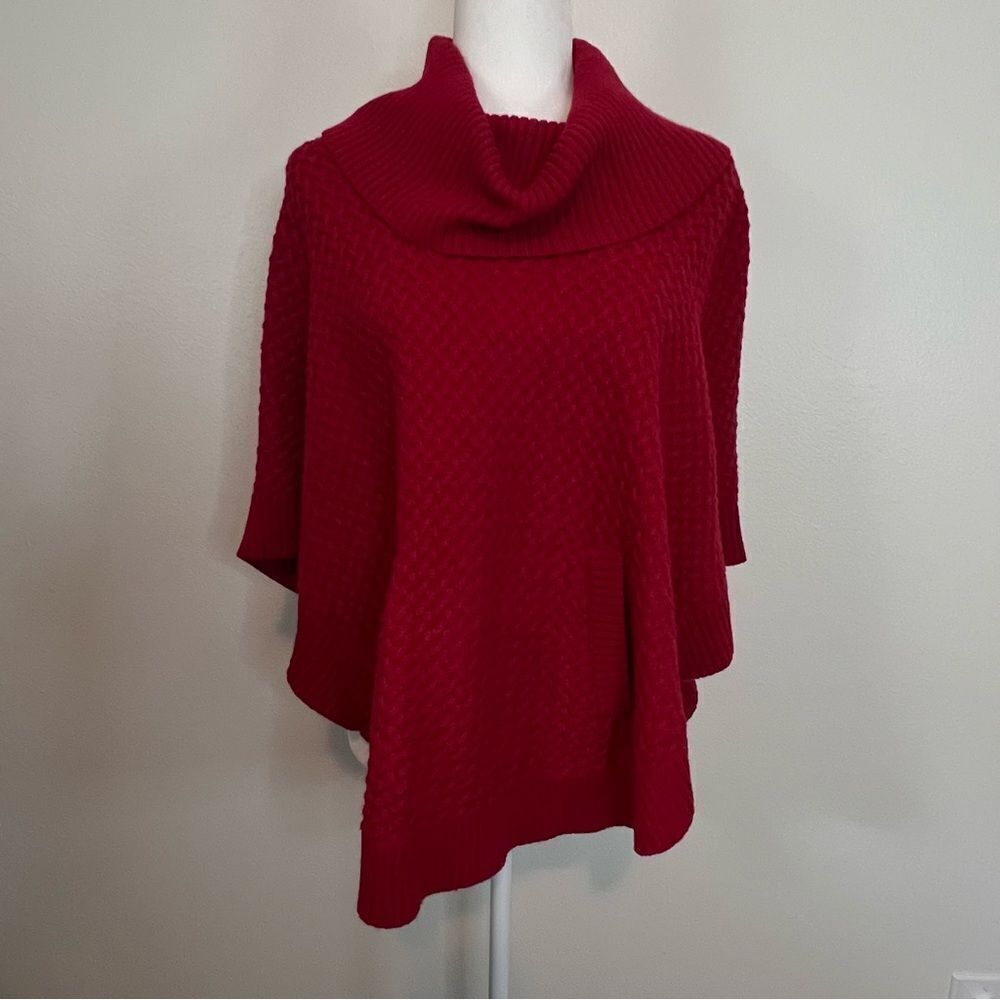 Talbots Womens Red Cable Knit Cowl Neck Wool Blend Poncho Pullover Sweater Small